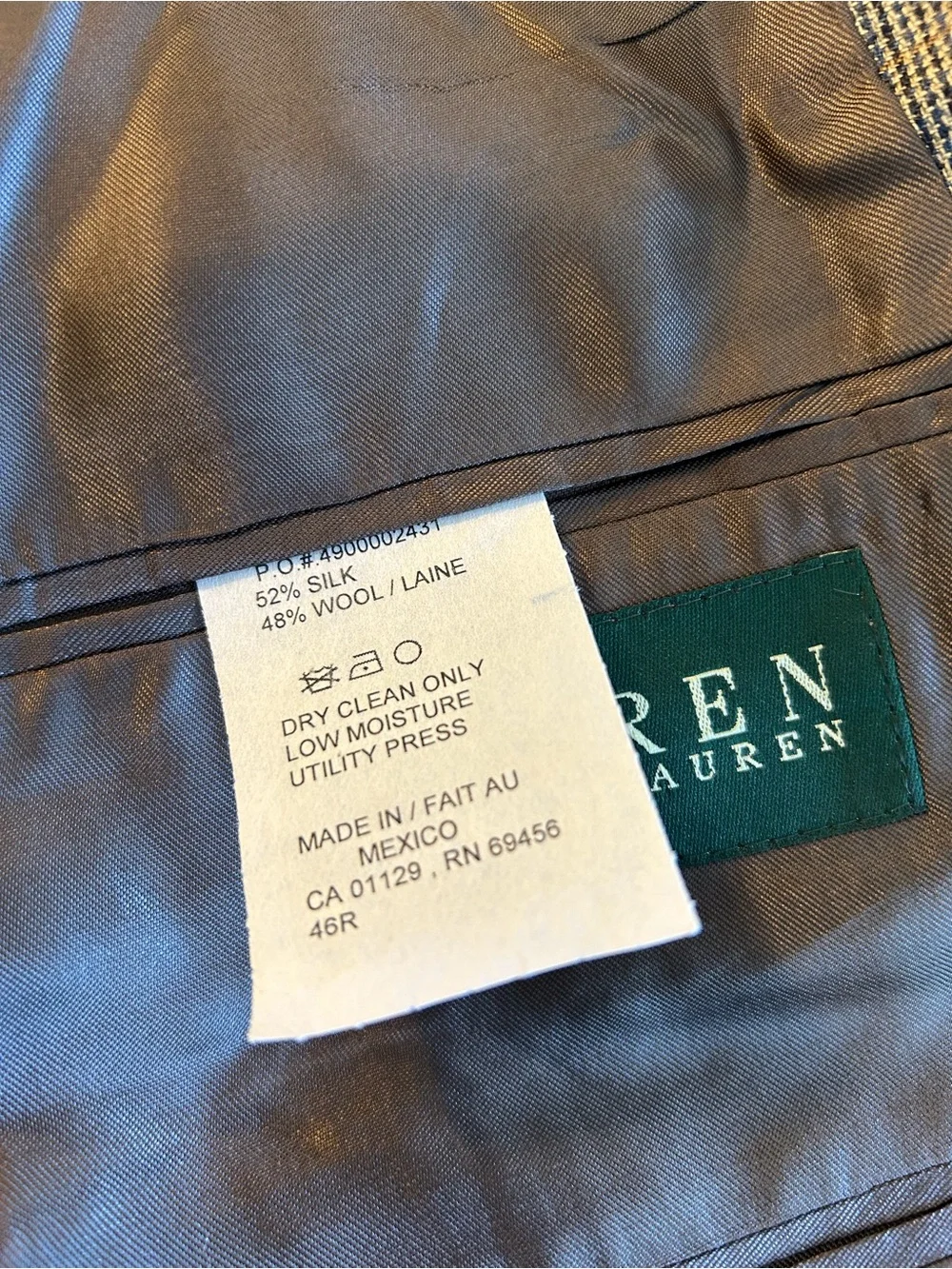 Lauren Ralph Lauren silk/wool blend men’s gray puppytooth print blazer size 46R